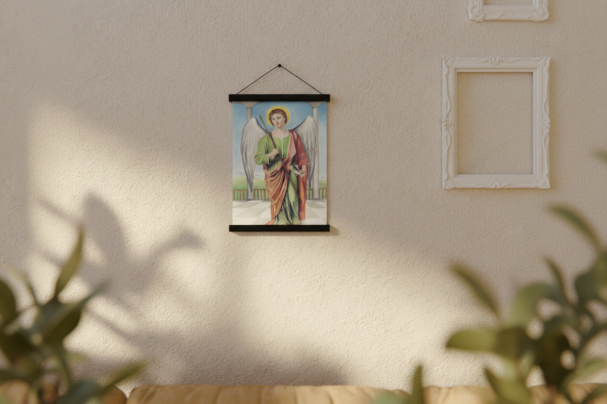 Saint Raphael the Archangel print in a black magnetic bar hanger on a wall with frames and plants
