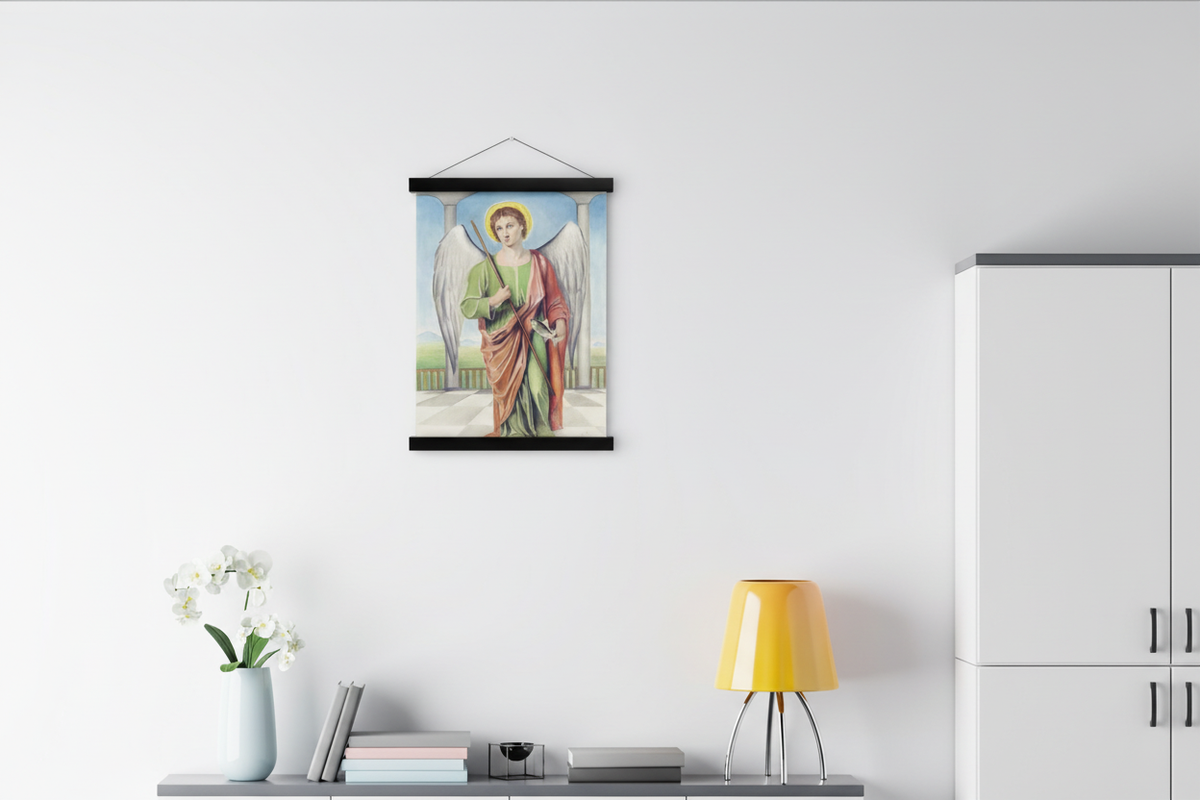 Saint Raphael the Archangel print in a black magnetic bar hanger beside a white cabinet