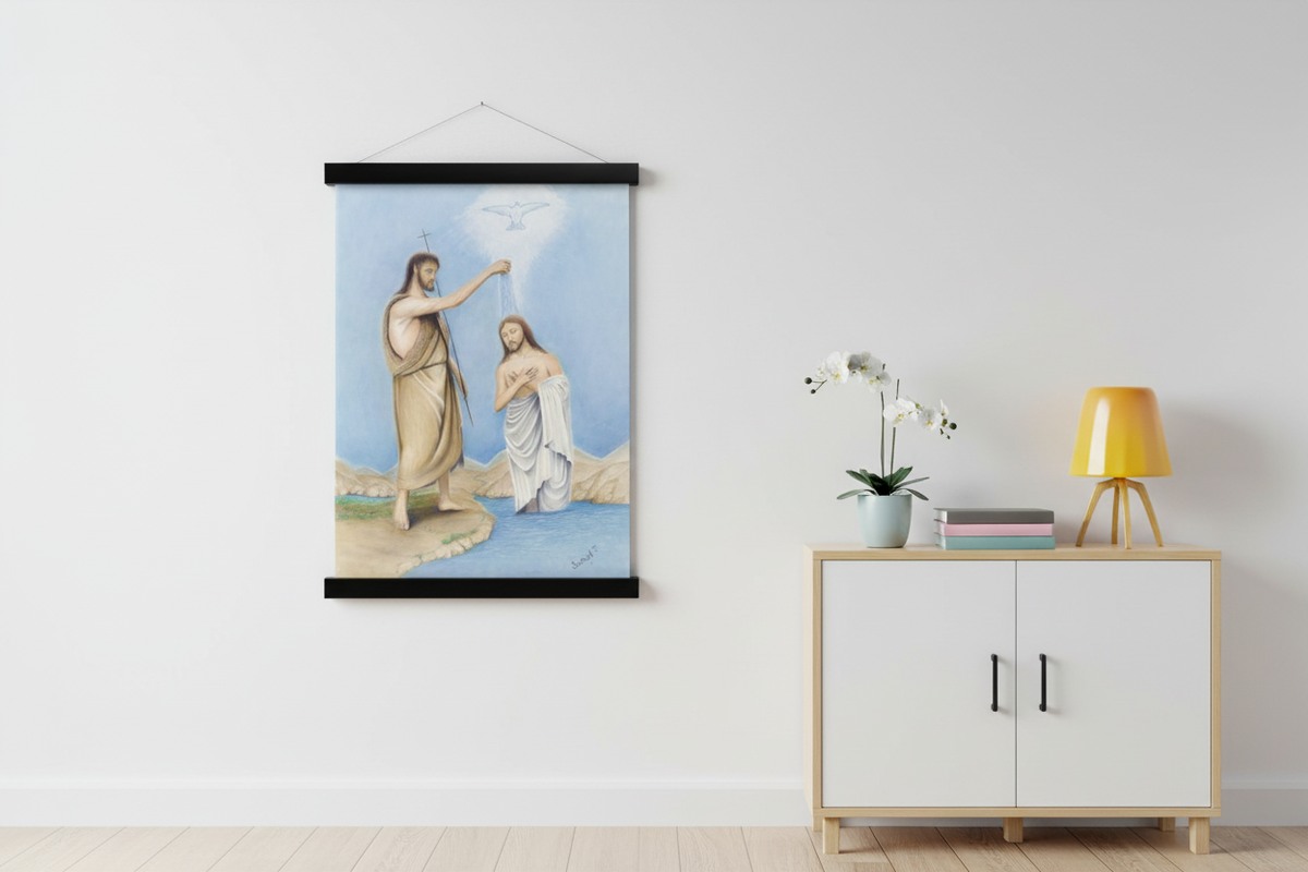 Baptism of Jesus print in a black magnetic bar hanger beside a white cabinet with an orchid and yellow lamp
