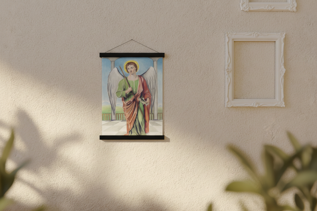 Saint Raphael the Archangel print in a black magnetic bar hanger on a warm neutral wall