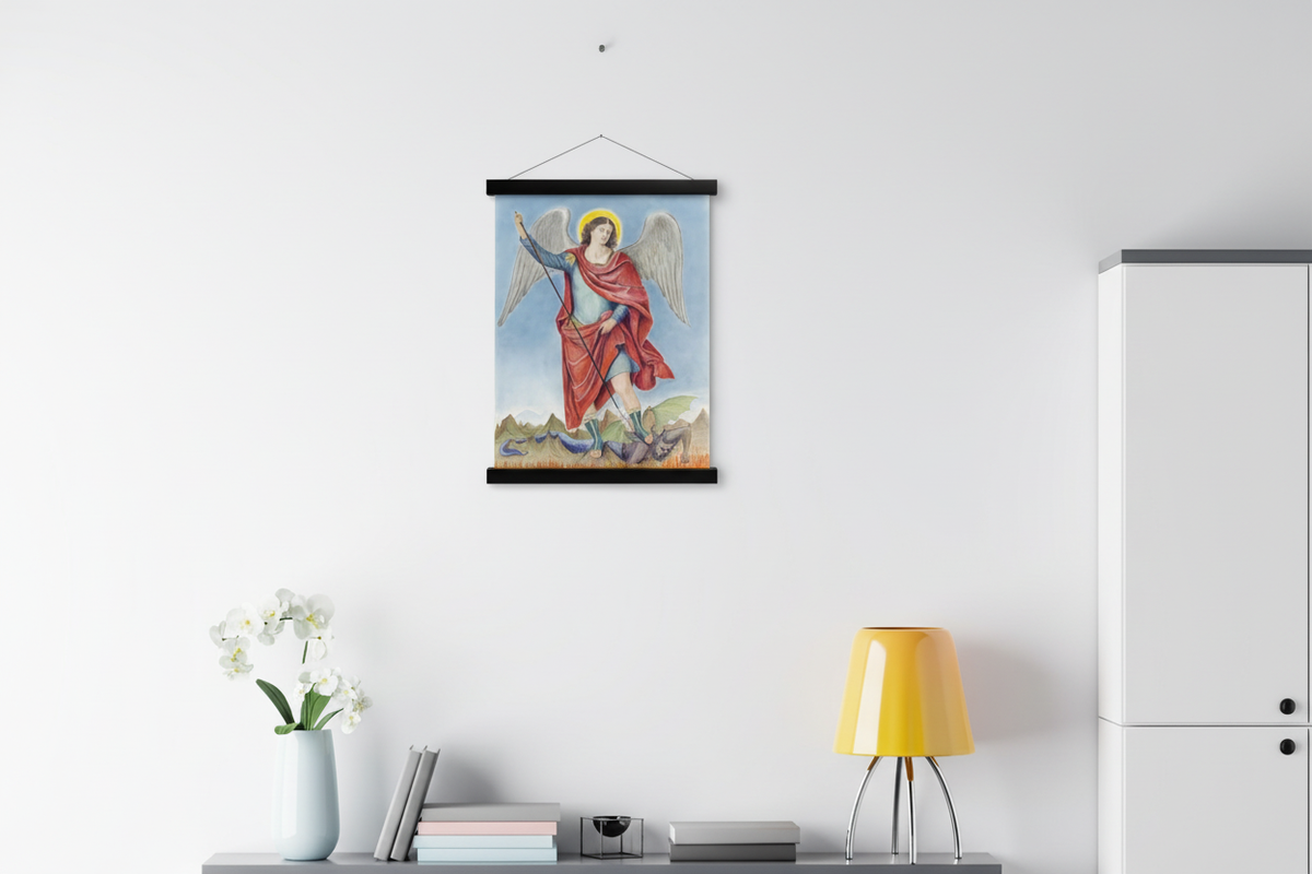 Saint Michael Vanquishing Satan print in a black magnetic bar hanger beside a white cabinet