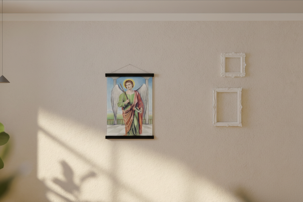 Saint Raphael the Archangel print in a black magnetic bar hanger in a sunlit room with empty frames