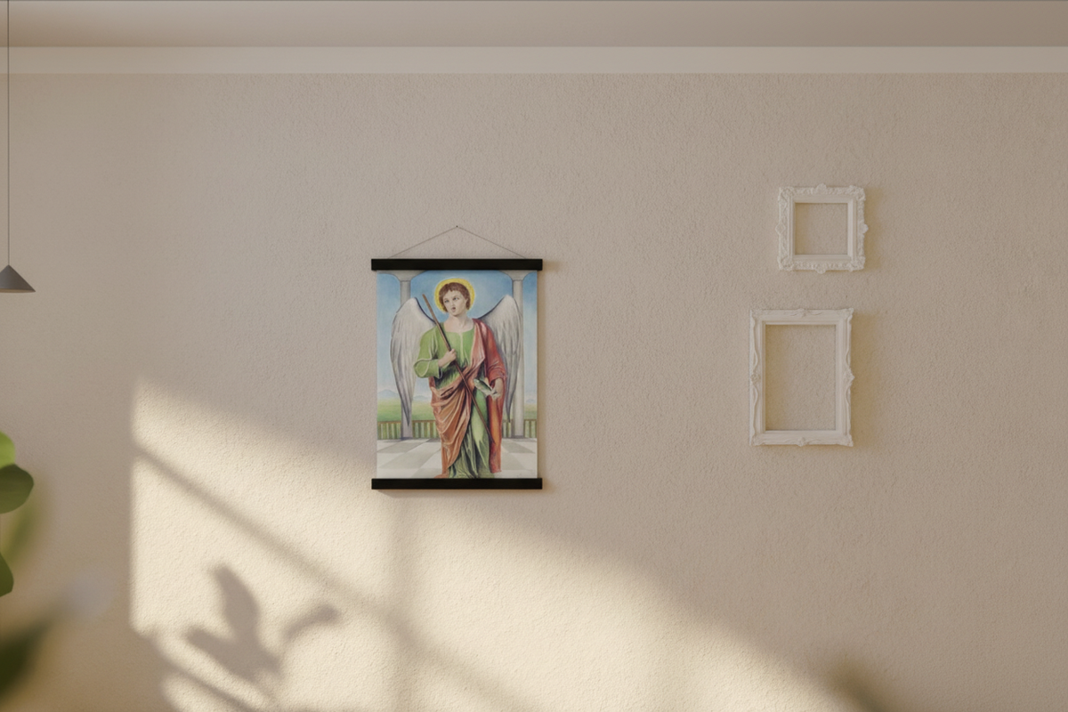 Saint Raphael the Archangel print in a black magnetic bar hanger in a sunlit room with empty frames