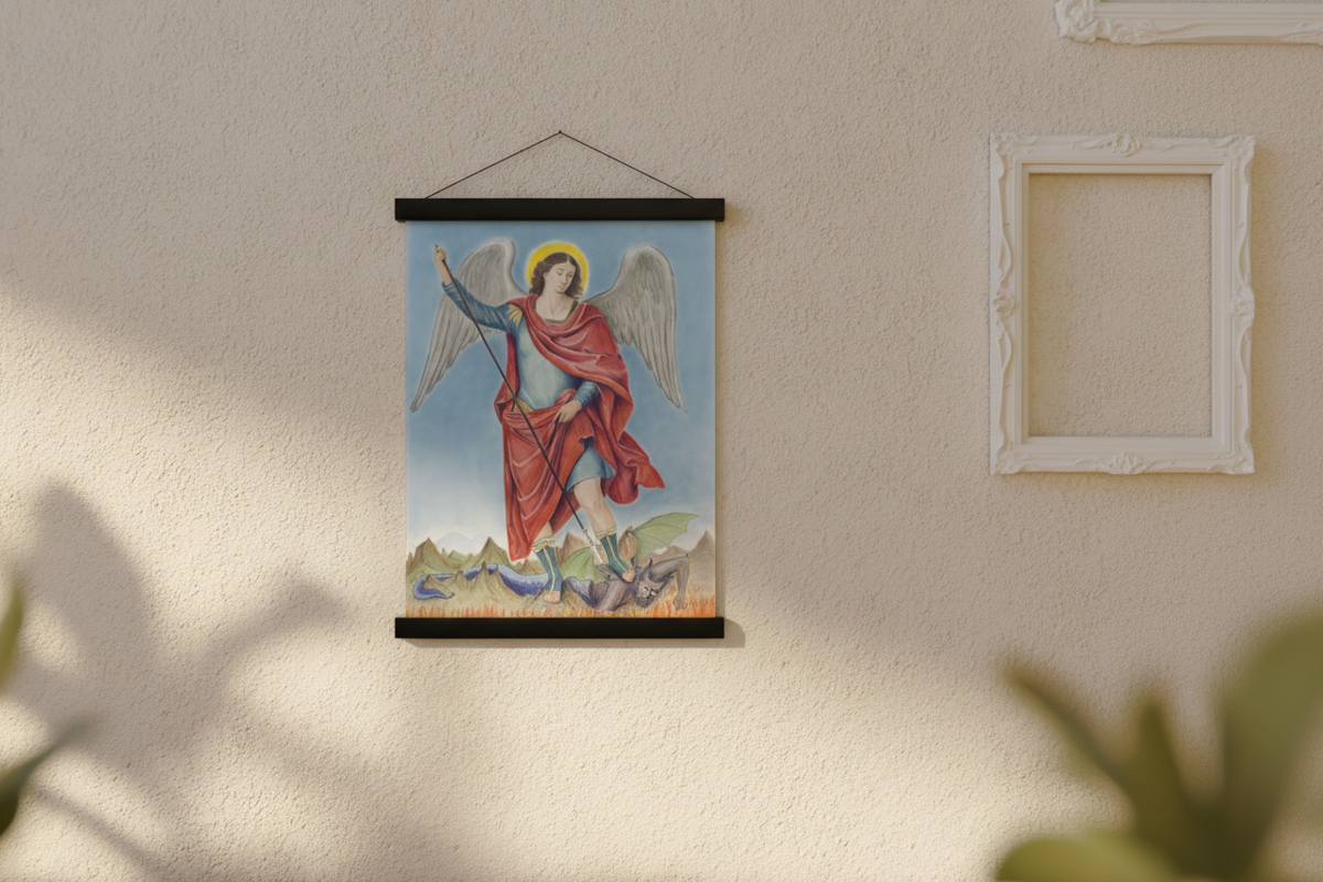 Saint Michael Vanquishing Satan print in a black magnetic bar hanger, lifestyle scene